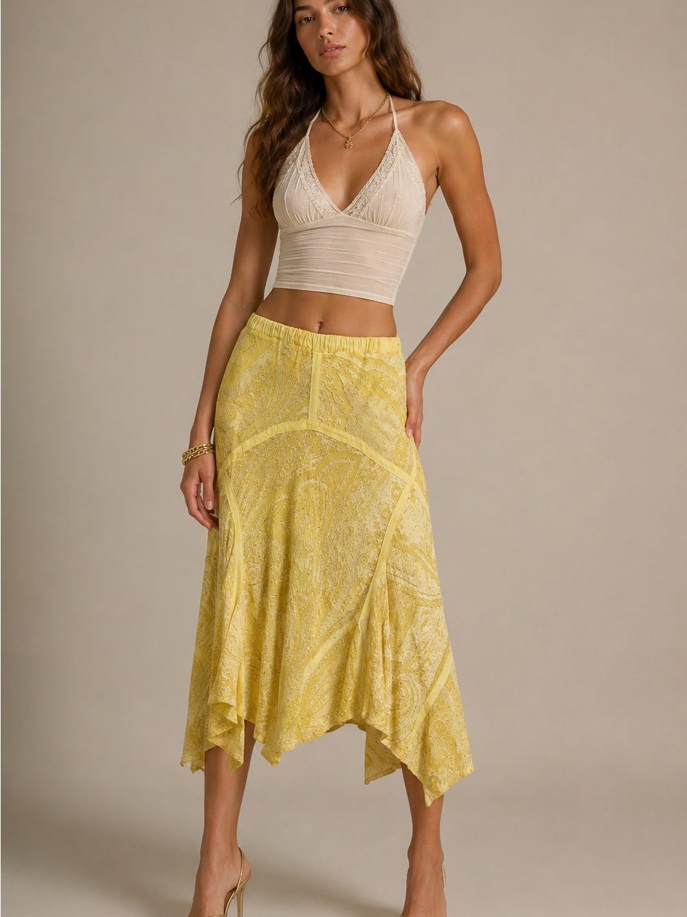 Vintage Roberto Cavalli Yellow Burnout Velvet Paisley Midi Skirt Size S - Picture 1 of 9